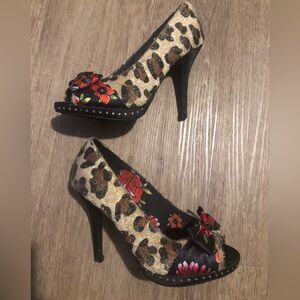 Iron Fist Leopard Print Peep-Toe Heels with Red Floral Accent